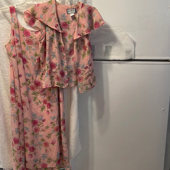 Mary McFadden Dresses & Skirts - Vintage Mary McFadden Pink Floral Poly Dress & Short Sleeve Jacket Size 16 sku1